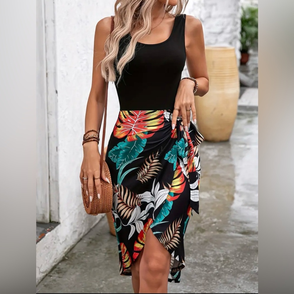 Tropical Print Crew Neck Tank Dress, Elegant Sleeveless Wrap Hem Dress